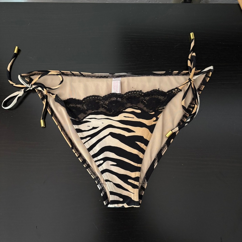 Early 2000s Victorias Secret Zebra Print Lace Bikini Set Triangle Side Tie M Y2K - Picture 3 of 16